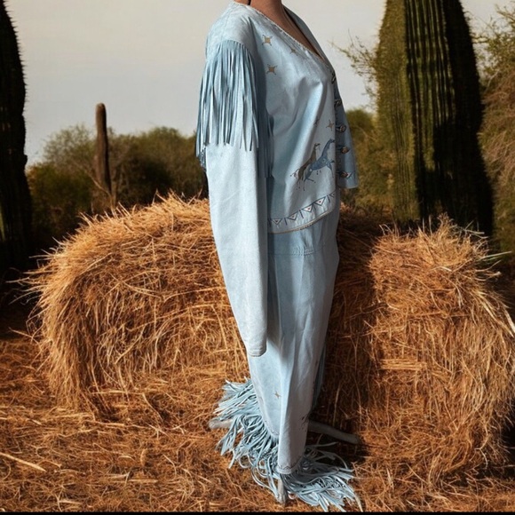 VPatricia Wolf Hand-Painted Suede Fringe Jacket & Skirt Set horses stars S/M EUC - Picture 2 of 13